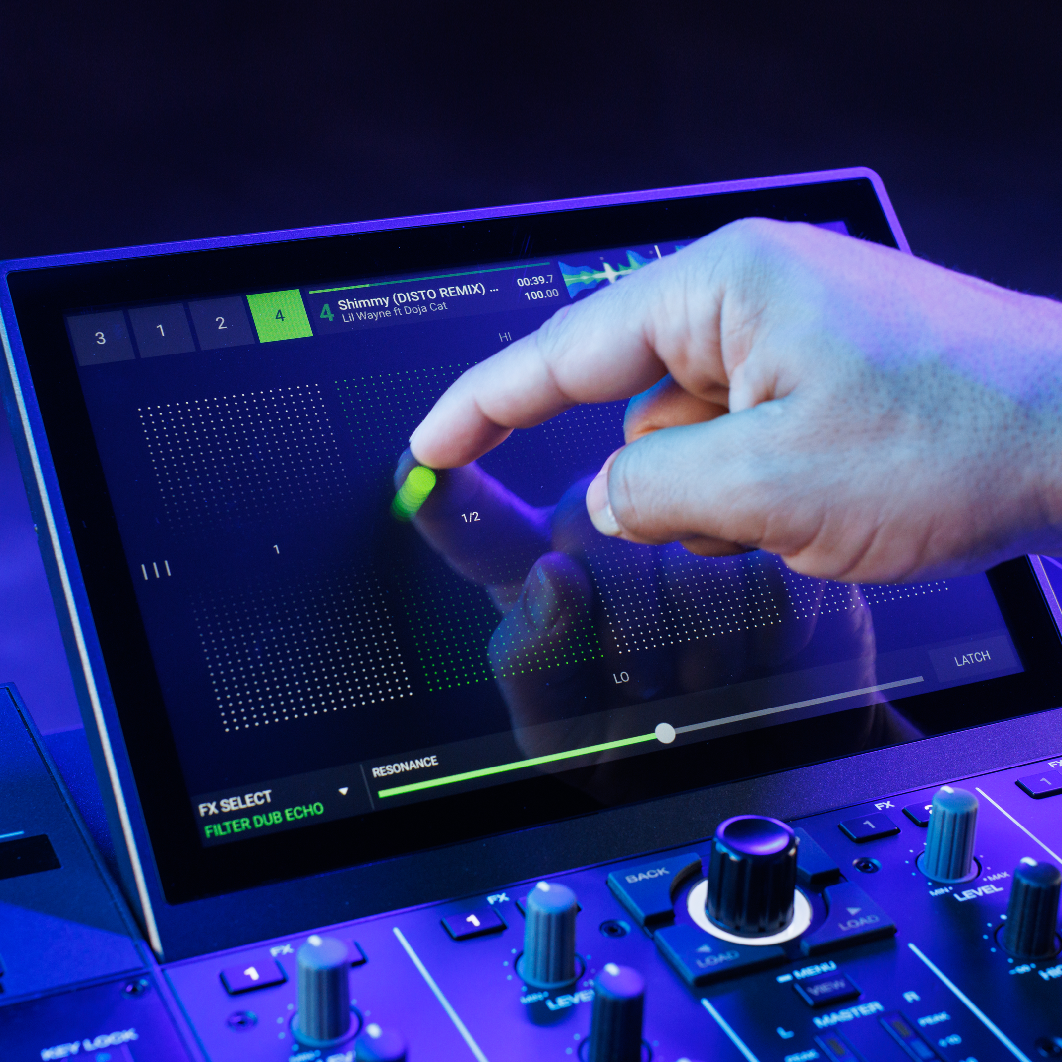 finger on screen of Denon DJ PRIME 4+ engaging Touch FX